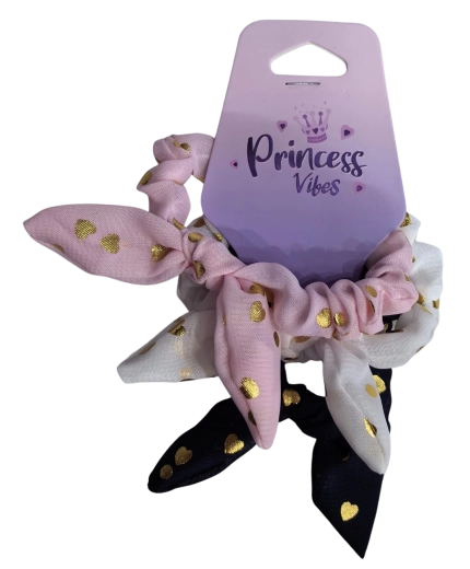 PINK plaukų gumyčių scrunchie rinkinys su kaspinu ir auksinėmis širdelėmis – 3 vnt.