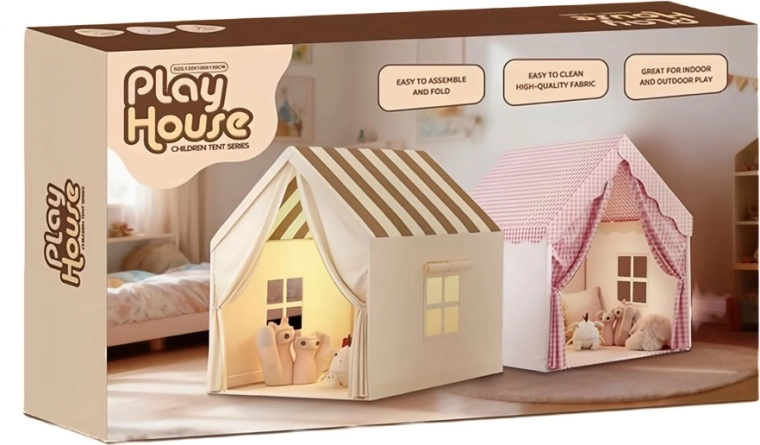 Children's foldable play tent house for the room, beige with a striped roof