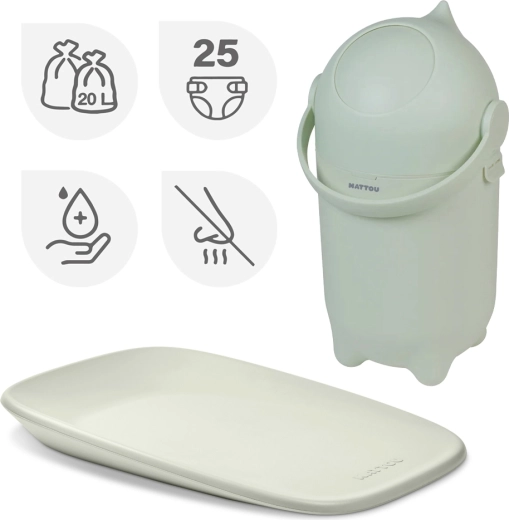 Nattou set: Dropy diaper bin and Softy Green changing mat 50 × 70 cm