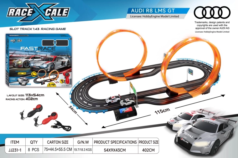 Nuotoliniu būdu valdoma lenktynių trasa Audi R8 1:43, 115 × 54 cm