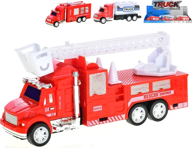 Plastic friction-powered fire trucks 12.5 cm – ladder, tanker and pumper