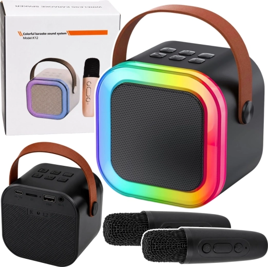 Belaidis karaoke rinkinys K12 – „Bluetooth“ garsiakalbis su dviem mikrofonais ir LED šviesomis (juodas)