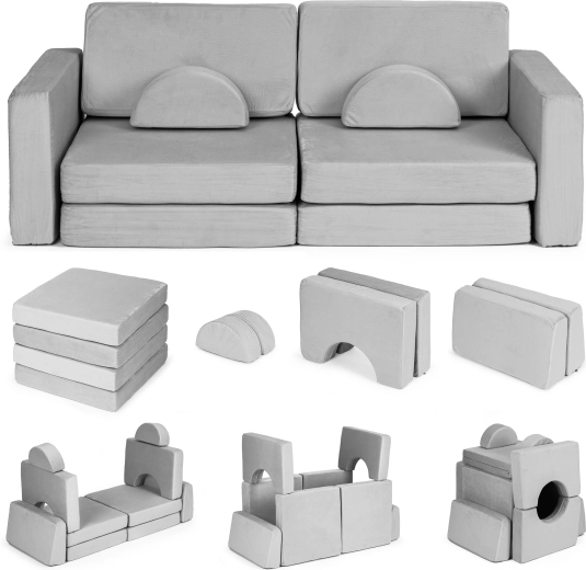 Sulankstoma modulinė vaikiška sofa 2 asmenims su 10 minkštų pagalvių ECOTOYS – Pilka