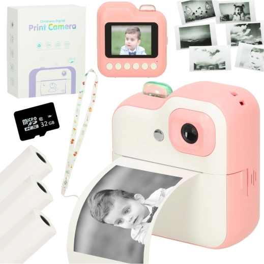 Vaikiškas momentinis fotoaparatas su terminiu spausdintuvu ir 32 GB kortele – Rožinis