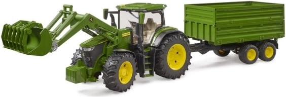 Bruder traktorius John Deere 7R 350 su frontaliniu krautuvu ir tandemine savivarčio priekaba