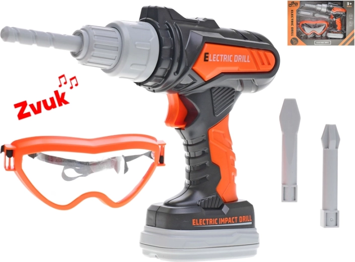 Kids' battery-powered hammer drill with sounds and safety goggles