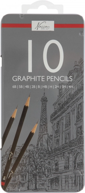 Grafitiniai pieštukai piešimui 6B–4H, 10 vnt. rinkinys metaliniame dėkle