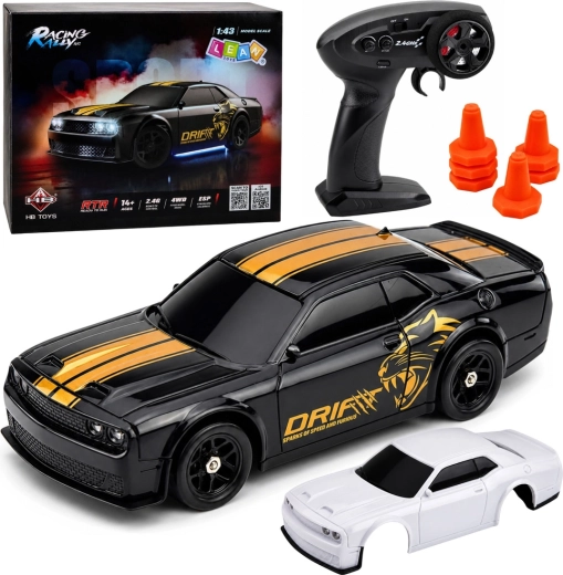 Sportinis RC drift automobilis 4WD su giroskopu, 2,4 GHz, 1:43, juodas