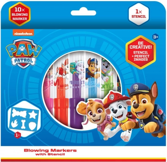 Pučiamieji flomasteriai su šablonu PAW PATROL, 10 vnt., dėžutė 20 × 19 cm