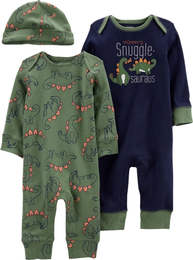 Carter’s 3-piece set – 2× snap-fastened footless romper and Cars hat, size 56 (NB)