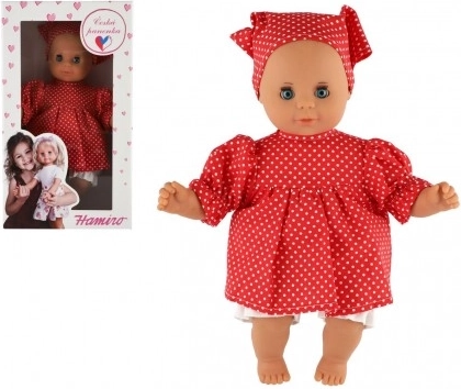 Lėlytė kūdikis 30 cm raudonais taškuotais sukneliais ir skarele