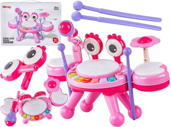 Edukacinis mini būgnų krabas su pianinu ir mikrofonu, rožinis – 1 vnt.