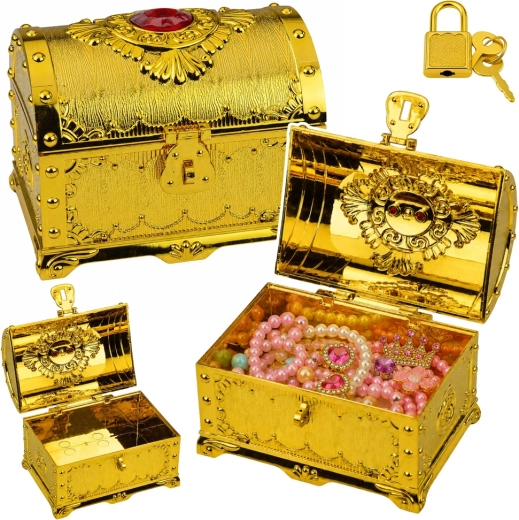 Gold plastic treasure chest for kids with padlock and 2 keys