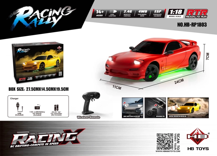 TurboSlide RC drift car 1:18 with lighting, red
