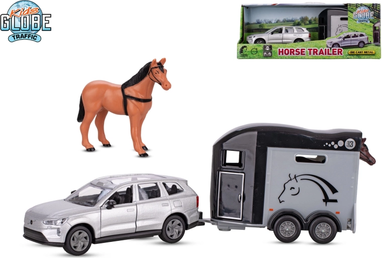 Kids Globe Traffic VOLVO EX90 su arklio priekaba, metalinis modelis 28 cm