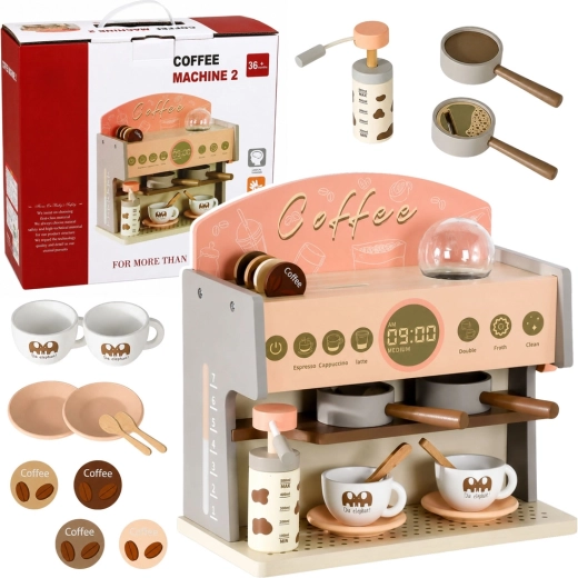 Wooden kids coffee machine – barista set with accessories (pink)