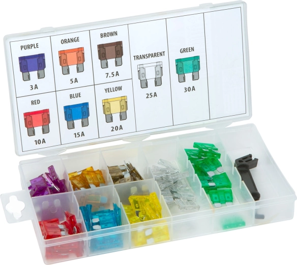Set of automotive blade fuses with puller in a box, 97 pcs, 3–30 A