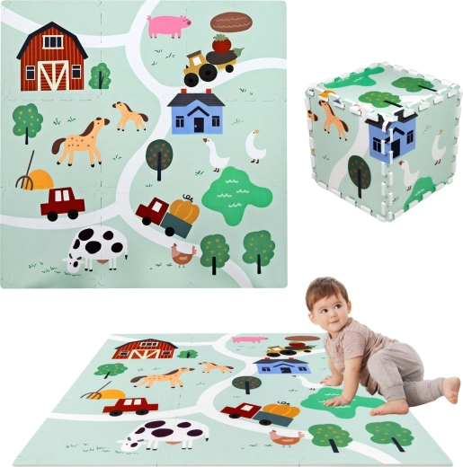Putų žaidimų kilimėlis 90 × 90 cm – tvirtos EVA putų dėlionės, 9 dalys, farma HUMBI