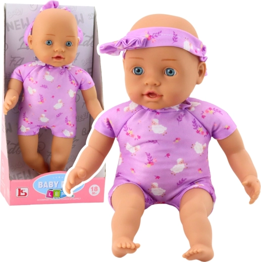 Cloth baby doll in purple bodysuit with bow 31 cm