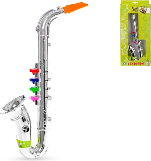 Vaikiškas saksofonas 38 cm – sidabrinis plastikinis instrumentas su 4 spalvotais klavišais