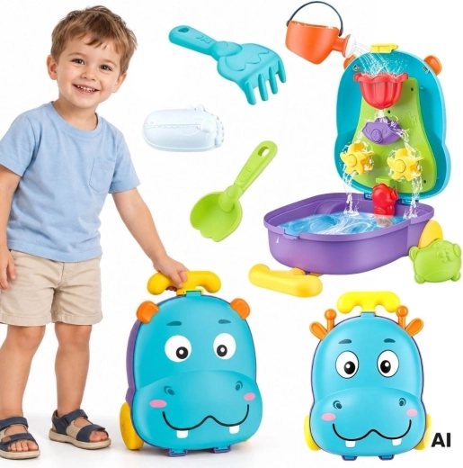 Woopie 2-in-1 water and sand set in a hippo suitcase