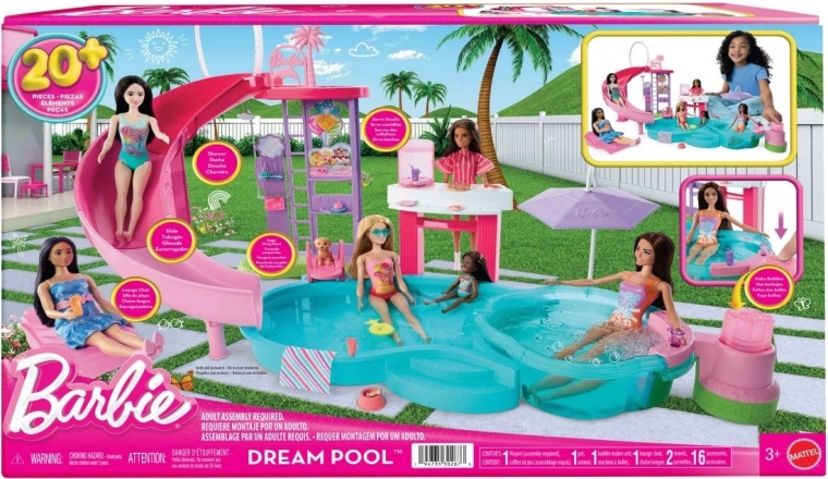 Barbie svajonių baseinas – žaidimų rinkinys su nusileidimo kalneliu, sūkurine vonia ir užkandžių baru