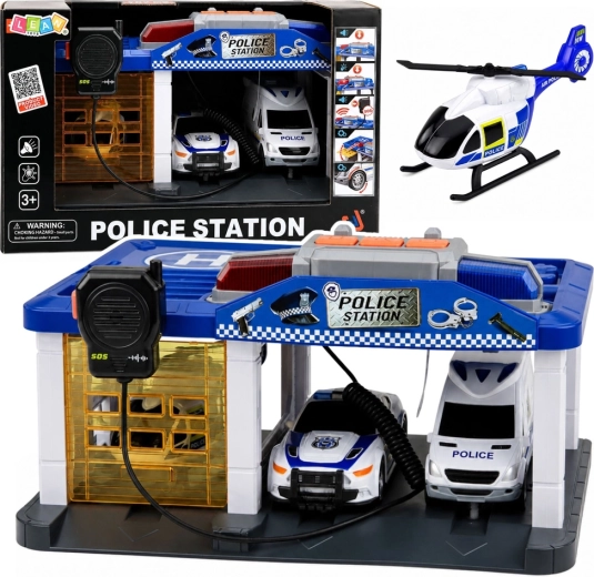 Police station with garage, cars, helicopter and walkie-talkie