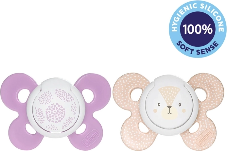 Chicco Physio Comfort silicone pacifier 6–16 months, 2 pcs, polka dots/fox design