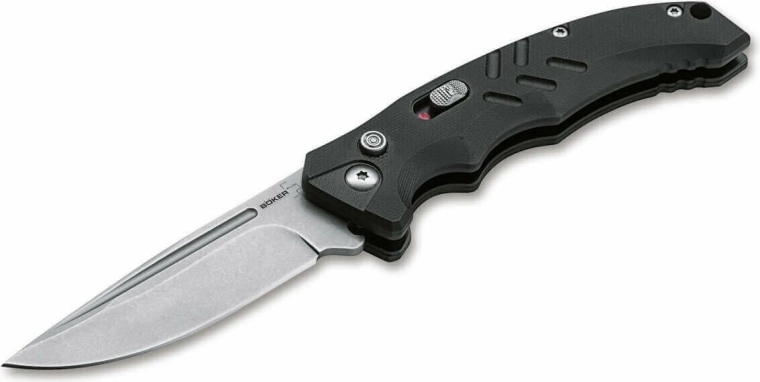 Böker Plus Intention II Black automatic tactical knife 8 cm with stonewash finish and G10 handle