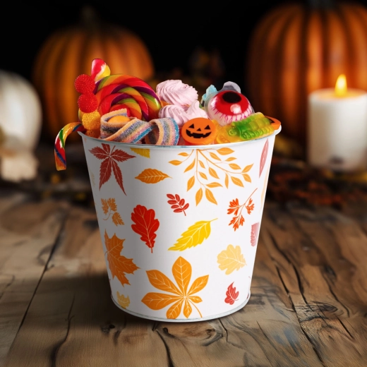 Autumn metal bucket with leaf motif