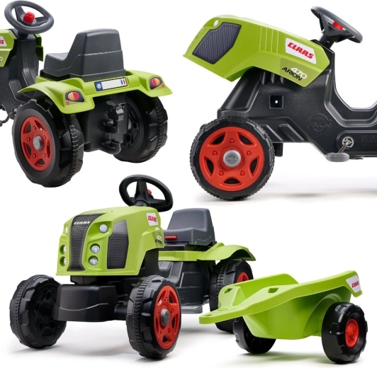 Falk pedal tractor CLAAS Arion 470 with trailer and opening hood (ages 2–6)