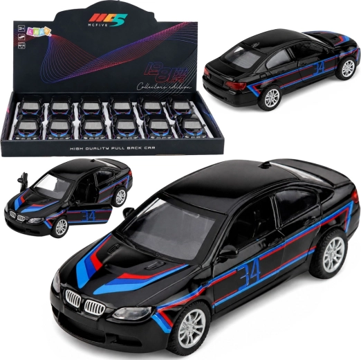 Sporty metal pull-back car with opening doors, black 1:32 - 1 piece
