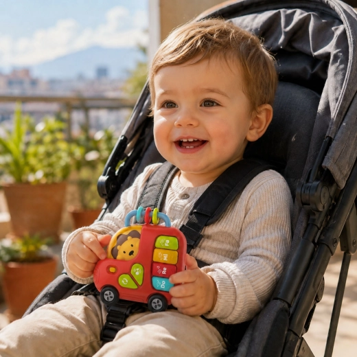 Practical handle with beads – easy to carry and a rattle