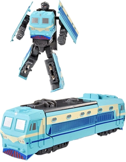 Metal robot transformable into a blue locomotive
