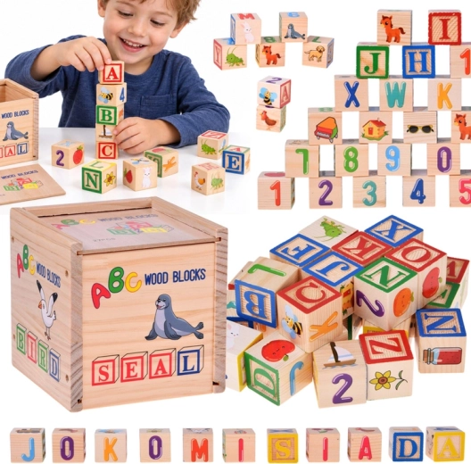 Wooden Educational Blocks with English Letters, Numbers and Pictures