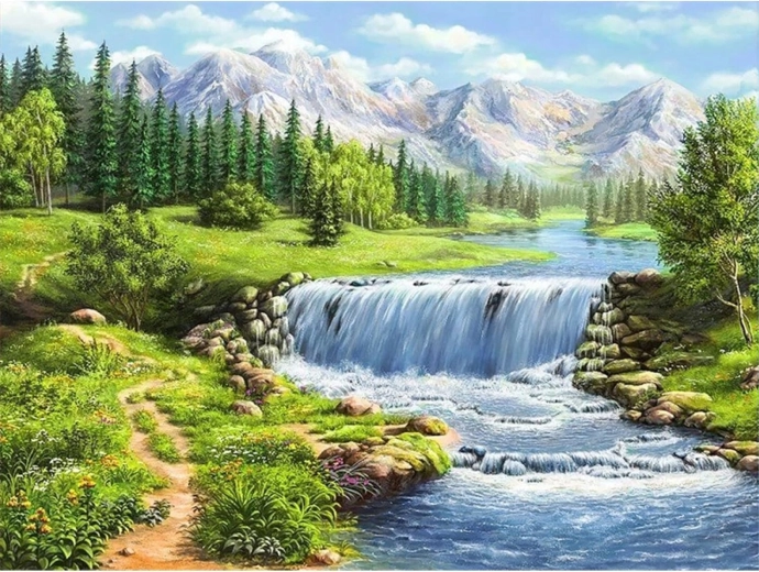Deimantinis tapymas „Upė kalnuose“ 30 × 40 cm