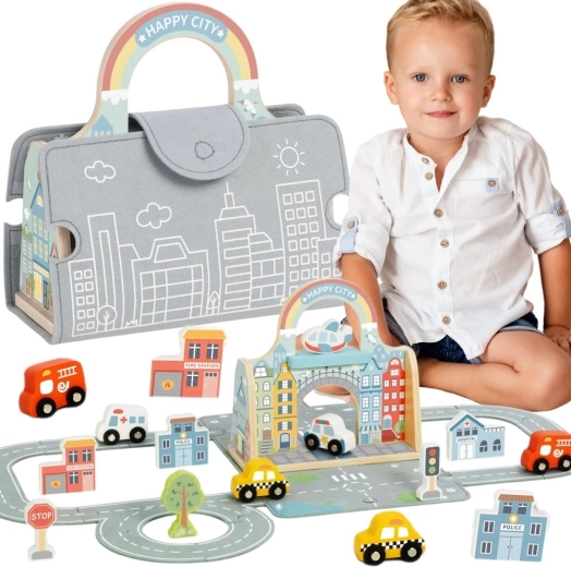 Tooky Toy nešiojamas mini miestas – medinis rinkinys su keliais ir mašinėlėmis