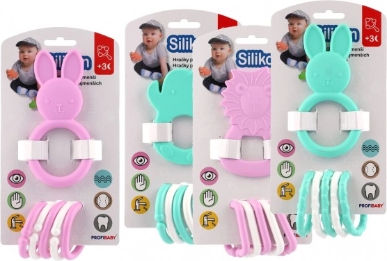 Silicone teether with animal and plastic rings 7–8 cm, mixed colors, 3m+