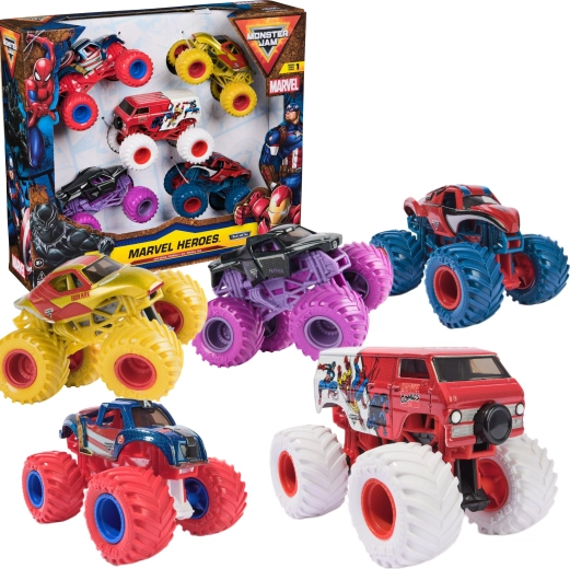 Monster Jam rinkinys: 5 mini monster sunkvežimiai Marvel Heroes 1:64