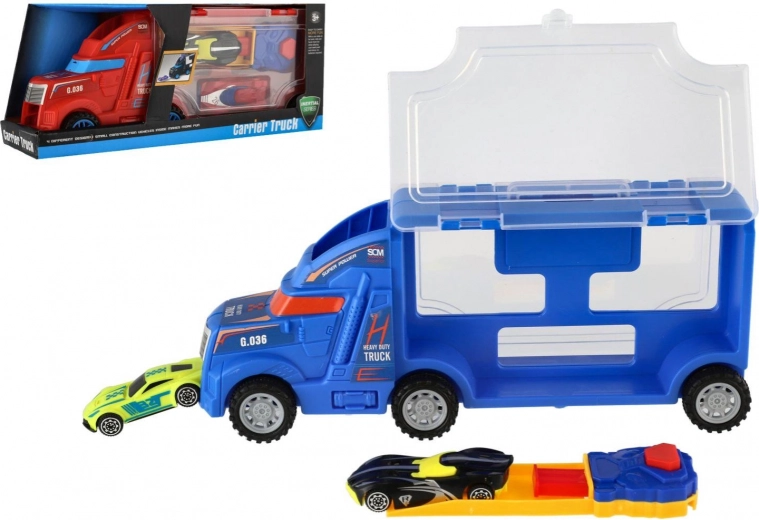 Plastikinis autovežis vilkikas su automobiliukais, 28 cm, 2 spalvos