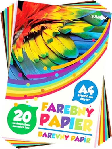 Spalvoto popieriaus rinkinys A4, 20 lapų, 80 g/m², 10 ryškių spalvų mišinys