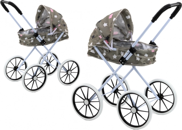 Doll stroller with folding canopy, large foam wheels, gray with stars