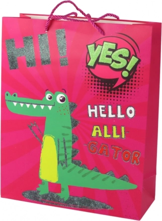 Rožinis popierinis dovanų maišelis su krokodilu 32 × 26 × 10 cm