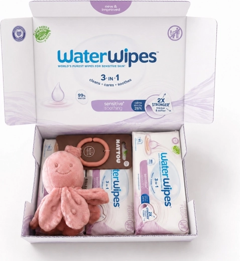 WaterWipes Soothing Clean 3v1 drėgnos servetėlės 4×60 vnt. (240 vnt.) + Nattou vibruojantis aštuonkojis dovanų
