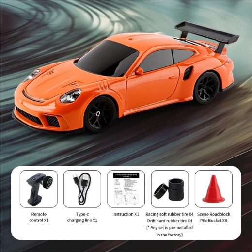 RC driftinis automobilis 1:43, oranžinis, su priedais