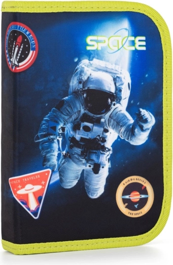 Single-compartment pencil case with 2 flaps, empty, space theme