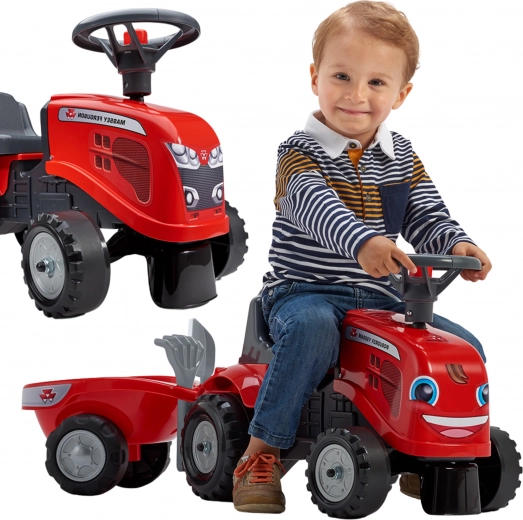 Raudonas stumiamas traktoriukas FALK Massey Ferguson su priekaba