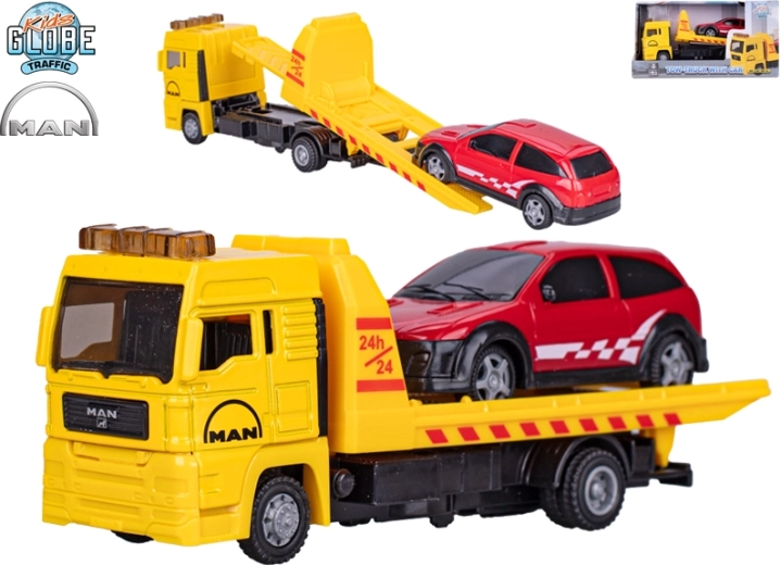 Kids Globe Traffic vilkimo tarnyba MAN – metalinis modelis su lengvuoju automobiliu 19 cm