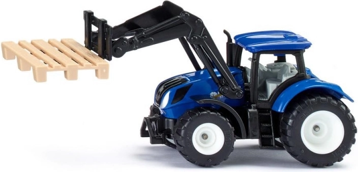 Siku traktorius „New Holland“ su padėklų šakėmis ir padėklu