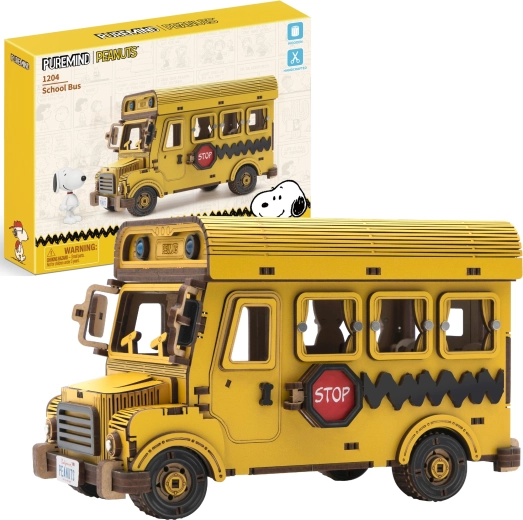 Puremind medinis 3D mokyklinio autobuso modelis PEANUTS Snoopy – konstruktorius